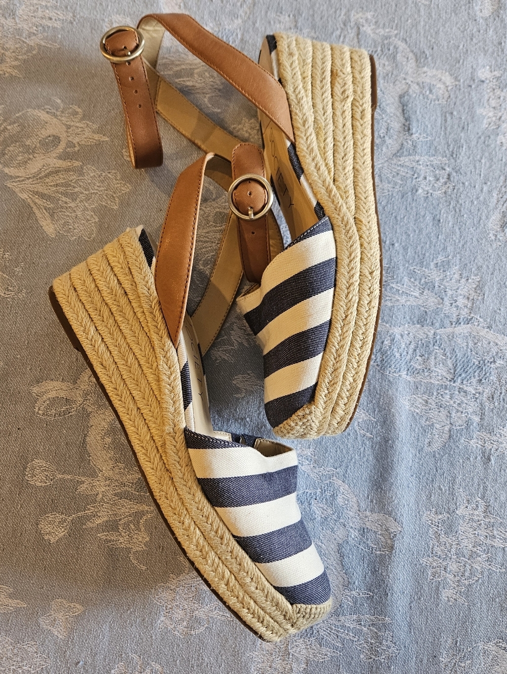 Striped Navy and White Espadrille Wedge Sandals with Brown Ankle Strap